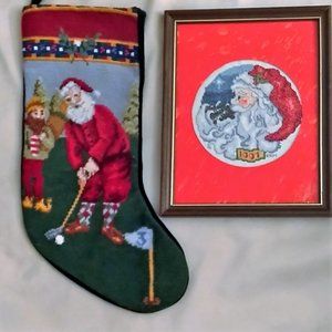 2 VTG Santa 1991 Cross Stitch Framed & Santa Stockings Needlepoint Completed